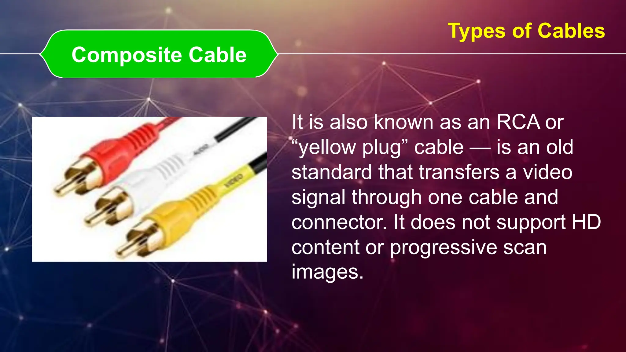 Composite Cable
Composite Cable
Types of Cables
It is also known as an RCA or
“yellow plug” cable — is an old
standard that transfers a video
signal through one cable and
connector. It does not support HD
content or progressive scan
images.
 