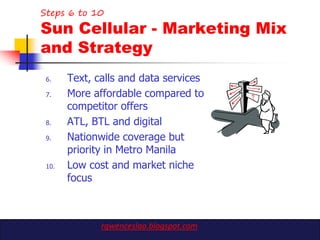 Steps 6 to 10

Sun Cellular - Marketing Mix
and Strategy
 6.    Text, calls and data services
 7.    More affordable compared to
       competitor offers
 8.    ATL, BTL and digital
 9.    Nationwide coverage but
       priority in Metro Manila
 10.   Low cost and market niche
       focus



              rgwenceslao.blogspot.com
 