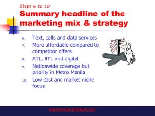 Steps 6 to 10

Summary headline of the
marketing mix & strategy
 6.    Text, calls and data services
 7.    More affordable compared to
       competitor offers
 8.    ATL, BTL and digital
 9.    Nationwide coverage but
       priority in Metro Manila
 10.   Low cost and market niche
       focus



              rgwenceslao.blogspot.com
 