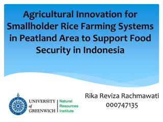 Agricultural Innovation for
Smallholder Rice Farming Systems
in Peatland Area to Support Food
Security in Indonesia
Rika Reviza Rachmawati
000747135
 