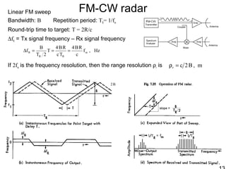 FM-CW radarLinear FM sweep
Bandwidth: B Repetition period: TR= 1/fm
Round-trip time to target: T = 2R/c
∆fR = Tx signal frequency – Rx signal frequency
If 2fm is the frequency resolution, then the range resolution ρr is
Hz,f
c
RB4
Tc
RB4
T
2T
B
f m
RR
R ===∆
m,B2cr =ρ
B2
 