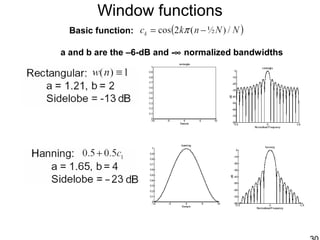Window functions
Basic function:
a and b are the –6-dB and -∞ normalized bandwidths
 