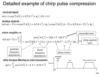 Detailed example of chirp pulse compression
( )( ) τ≤≤φ++π= t0,tk5.0tf2cosa)t(s C
2
C
( )( ) ( )( )C
2
CC
2
C )Tt(k5.0)Tt(f2cosatk5.0tf2cosa)Tt(s)t(s φ+−+−πφ++π=−
( )( )







φ+−+τ−+π+
π−π+π
=−
CC
2
C
2
2
C
2
2TfTk5.0tktf2tk2cos
)TkTtk2Tf2(cos
2
a
)Tt(s)t(s
( )( )2
C
2
Tk5.0tTkTf2cos
2
a
)t(q −+π=
after lowpass filtering to reject harmonics
dechirp analysis
which simplifies to
received signal
quadratic
frequency
dependence
linear
frequency
dependence
phase terms
chirp-squared
term
sinusoidal term
sinusoidal
term
 