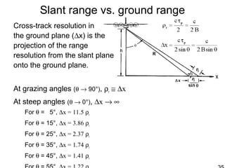 Slant range vs. ground range
Cross-track resolution in
the ground plane (∆x) is the
projection of the range
resolution from the slant plane
onto the ground plane.
At grazing angles (θ → 90°), ρr ≅ ∆x
At steep angles (θ → 0°), ∆x → ∞
For θ = 5°, ∆x = 11.5 ρr
For θ = 15°, ∆x = 3.86 ρr
For θ = 25°, ∆x = 2.37 ρr
For θ = 35°, ∆x = 1.74 ρr
For θ = 45°, ∆x = 1.41 ρr
 