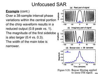 Unfocused SAR
Example (cont.)
Over a 38-sample interval phase
variations within the central portion
of the chirp waveform results in a
reduced output (0.8 peak vs. 1).
The magnitude of the first sidelobe
is also larger (0.4 vs. 0.3).
The width of the main lobe is
narrower.
 
