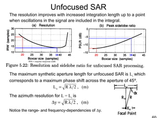 Unfocused SAR
The resolution improves with increased integration length up to a point
when oscillations in the signal are included in the integral.
The maximum synthetic aperture length for unfocused SAR is Lu which
corresponds to a maximum phase shift across the aperture of 45º.
The azimuth resolution for L = Lu is
Notice the range- and frequency-dependencies of ∆y.
)m(,2Ry λ=∆
)m(,2RLu λ=
 