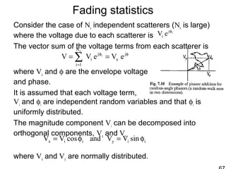 Fading statistics
Consider the case of Ns independent scatterers (Ns is large)
where the voltage due to each scatterer is
The vector sum of the voltage terms from each scatterer is
where Ve and φ are the envelope voltage
and phase.
It is assumed that each voltage term,
Vi and φi are independent random variables and that φi is
uniformly distributed.
The magnitude component Vi can be decomposed into
orthogonal components, Vx and Vy
where Vx and Vy are normally distributed.
ij
i eV φ
φ
=
φ
== ∑ j
e
N
1i
j
i eVeVV
s
i
iiyiix sinVVandcosVV φ=φ=
 