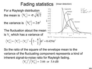 Fading statistics (linear detection)
For a Rayleigh distribution
the mean is
the variance is
The fluctuation about the mean
is Vac which has a variance of
So the ratio of the square of the envelope mean to the
variance of the fluctuating component represents a kind of
inherent signal-to-noise ratio for Rayleigh fading.
22
e 2V σ=
2Ve πσ=
222
e
2
e
2
ac 429.0
2
2VVV σ=σ




 π
−=−=
dB6.5or66.3VV 2
ac
2
e =
 