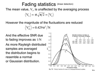 Fading statistics (linear detection)
The mean value, VL, is unaffected by the averaging process
However the magnitude of the fluctuations are reduced
And the effective SNR due
to fading improves as 1/N
As more Rayleigh distributed
samples are averaged
the distribution begins to
resemble a normal
or Gaussian distribution.
eL V2V =πσ=
N429.0V 22
ac σ=
 