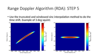 Range Doppler Algorithm (RDA): STEP 5
• Use the truncated and windowed sinc interpolation method to do the
time shift. Example of 3 deg squint:
Relative
range
(m) Azimuth frequency (Hz)
-2800 -2600 -2400 -2200 -2000 -1800 -1600 -1400
-100
-50
0
50
100
150
200
Relative
power
(dB)
-30
-25
-20
-15
-10
-5
0
Azimuth frequency (Hz)
Relative
Range
(m)
-2800 -2600 -2400 -2200 -2000 -1800 -1600 -1400
-100
-50
0
50
100
150
200
Relative
power
(dB)
-30
-25
-20
-15
-10
-5
0
 