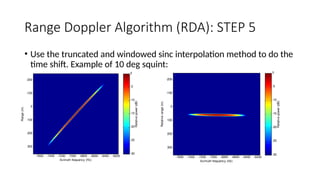 Range Doppler Algorithm (RDA): STEP 5
• Use the truncated and windowed sinc interpolation method to do the
time shift. Example of 10 deg squint:
Relative
range
(m) Azimuth frequency (Hz)
-7600 -7400 -7200 -7000 -6800 -6600 -6400 -6200
-200
-100
0
100
200
300
Relative
power
(dB)
-30
-25
-20
-15
-10
-5
0
Azimuth frequency (Hz)
Range
(m)
-7600 -7400 -7200 -7000 -6800 -6600 -6400 -6200
-200
-100
0
100
200
300
Relative
power
(dB)
-30
-25
-20
-15
-10
-5
0
 