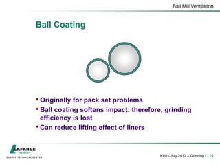 Ball Mill Ventilation
KUJ - July 2012 – Grinding I - 24
Ball Coating
• Originally for pack set problems
• Ball coating softens impact: therefore, grinding
efficiency is lost
• Can reduce lifting effect of liners
 