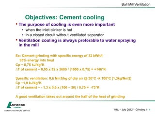 Ball Mill Ventilation
KUJ - July 2012 – Grinding I - 4
Objectives: Cement cooling
• The purpose of cooling is even more important
• when the inlet clinker is hot
• in a closed circuit without ventilated separator
• Ventilation cooling is always preferable to water spraying
in the mill
Ex: Cement grinding with specific energy of 32 kWh/t
95% energy into heat
Cp ~ 0,75 kJ/kg°K
∆T of cement ~ 0,95 x 32 x 3600 / (1000 x 0,75) = +146°K
Specific ventilation: 0,6 Nm3/kg of dry air @ 30°C  100°C (1,3kg/Nm3)
Cp ~1,0 kJ/kg°K
∆T of cement ~ - 1,3 x 0,6 x (100 – 30) / 0,75 = -73°K
A good ventilation takes out around the half of the heat of grinding
 