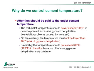 Ball Mill Ventilation
KUJ - July 2012 – Grinding I - 5
Why do we control cement temperature?
• Attention should be paid to the outlet cement
temperature
• The mill outlet temperature should never exceed 110°C in
order to prevent excessive gypsum dehydration
(workability problems caused by false set)
• On the contrary, the temperature must not be lower than
90°C (risk of gypsum dehydration)
• Preferably the temperature should not exceed 80°C
(175°F) in the silos because otherwise, gypsum
dehydration may continue
 