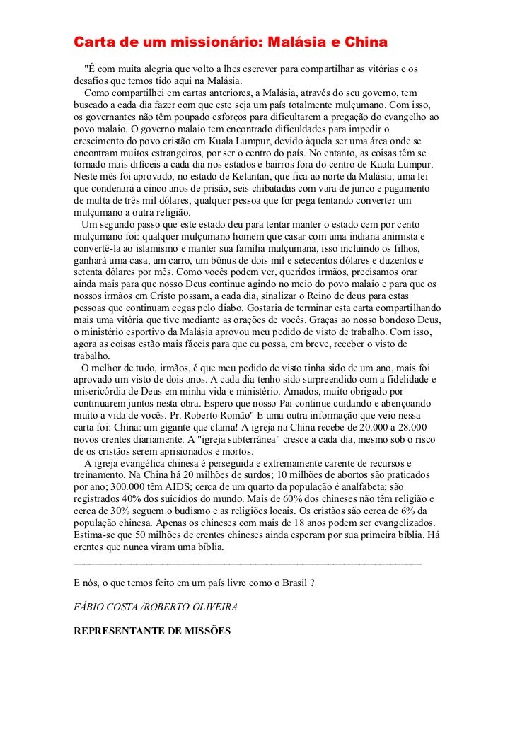 carta de um missionário modelos de carta de recomendacao