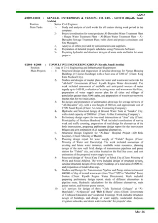 AGM3
Mar-16
4/2009-1/2012 : GENERAL ENTERPRISES & TRADING CO. LTD. - GETCO (Riyadh, Saudi
Arabia)
Position : Senior Civil Engineer
Main Tasks : 1- Study and analysis of civil works for all tenders during work period in the
company.
2- Project coordination for some projects (Al-Dawadmi Water Treatment Plant
- Shaqra Water Treatment Plant – Al-Dilam Water Treatment Plant – Al-
Dawadmi Sewage Treatment Plant) with client and project consultants and
Site Managers.
3- Analysis of offers provided by subcontractors and suppliers.
4- Preparation of detailed projects schedules using Primavera Software.
5- Preparing hydraulic and structural designs of some units and tanks for some
projects.
4/2004– 8/2008 : CONSULTING ENGINEERING GROUP (Riyadh, Saudi Arabia)
Position : Head of Civil Engineering and Infrastructure Department
Main Projects : 1- Structural design and preparation of detailed drawings for Nurses Housing
Buildings (15 stories buildings) with a floor area of 1200 m2
(Client: King
Fahd Medical City).
2- Studies and designs of master plans for water and wastewater networks for
“Al-Zulfi” Governorate (Client: Riyadh Region Water directorate). The
work included assessment of available and anticipated sources of water
supply up to 1450 H, evaluation of existing water and wastewater facilities,
preparation of water supply master plan for all cities and villages of
population greater than 5000 capita, and preparation of wastewater network
master plan for two main cities.
3- Re-design and preparation of construction drawings for sewage network of
“Al-Dawadmi” city, with a total length of 360 km, and approximate cost of
170M Saudi Riyals (Client: Al-Jazea Contracting Company).
4- Hydraulic and Structural design of Ground Water Tank at “Sakaka” City,
with a total capacity of 20000 m3
(Client: Al-Baz Contracting Company).
5- Preliminary design report for two road intersections at “Arar” city (Client:
Municipality of Northern Borders). Work included coordination of survey
work and traffic counting, preparation of road design for alternatives of the
both intersections, preparing preliminary design report for the intersection
bridges and cost estimation of all suggested alternatives.
6- Structural Design Engineer for “Al-Rass” Hospital Project (200 beds
hospital), (Client: Ministry of Health).
7- Planning design report for water supply of “Tabuk” Region (Client:
Ministry of Water and Electricity). The work included assessment of
existing and future water demands, available water resources, planning
design of the new well field, design of transmission pipelines and pump
station for “Tabuk” city, and cities located on the Red Sea coast, and cost
estimation of the proposed water supply system.
8- Structural design of “Social Care Center” at Tabuk City (Client: Ministry of
Work and Social Affairs). The work included design of structural system,
detailed structural design of two storey buildings of a total area of 8500 m2
,
and preparation of tender drawings.
9- Studies and Design for Transmission Pipeline and Pump station to transmit
400000 m3
/day of treated wastewater from “Heet” STP to “Manfuha” Pump
Station (Client: Riyadh Region Water Directorate). Work included
preparing preliminary design report, study of different alternatives to
pipeline route, Hydraulic calculations for the different alternatives, main
pump station, and booster pump station.
10- A/E services for design of three “Girls Technical Colleges” at “Al-
Qunfudah”, “Al-Qurayat” and “Hafr El-Batin” cities (Client: Governorate
of Technical Education and Vocational Training). Work included structural
design of buildings, and design of water supply, wastewater disposal,
irrigation networks, and storm water networks’ for projects’ sites.
 