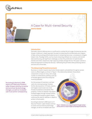 A Case for Multi-tiered Security
                                   WHITE PAPER




                                   Introduction
                                   Perimeter network defense alone is insufficient to combat the full range of enterprise security
                                   threats. A defense-in-depth approach focused on protecting the confidentiality and integrity
                                   of data, while providing authenticated access to computing resources, is necessary to mitigate
                                   today’s risks. Paradigm shifts, such as cloud computing, software-as-a-service, and remote
                                   data warehousing, add significant challenges, as does the proliferation of sophisticated
                                   botnets and small, inexpensive, high-capacity portable storage devices. This paper outlines a
                                   balanced approach to enterprise security—defending the perimeter while protecting interior
                                   services and critical data.

                                   The Advancing Threat Environment
                                   Business or mission impacts result when threats exploit vulnerabilities through an access
                                   vector to affect targets, as shown in Figure 1. The relationship between these attack
                                   components is many-to-many, with a large                                Threat


                                   number of combinations yielding a vast set                               Vector


                                   of threads against which the enterprise                                    Target

                                                                                                                 Impact
                                   must be protected.
                                                                                                                                                                    Unk
                                                                                                                               it                                       no
                                                                                                                  x     plo                                                 wn
According to Gartner’s 2008        For the purpose of illustration, we have                                    yE                                                              Te
                                                                                                           g                                                             In       te
                                                                                                                                                                                    rn
                                                                                                                                                                                              ch igin
                                                                                               o




report on IT Security Threats1,    used very coarse groupings; however,                                                                                                               a
                                                                                             ol




                                                                                                                                                   Data At Res
                                                                                                                                                                                                no




                                                                                                                                                              t
                                                                                           hn




                                                                                                                                                                                       lO


                                                                                                                                                                                                   log
                                                                                                                                                                                             r
                                                                                         ec




cyber threats continue to evolve   further decomposition of threats, vectors,
                                                                                       nT




                                                                                                                                                                                                       y
                                                                                                                        ns




                                                                                                                                                                                                           E xp
                                                                                                                        tio




                                                                                                                                          Data Loss/
and are driven by technology       and targets would reveal even more
                                                                                   Know



                                                                                                                     ica




                                                                                                                                          Compromise
                                                                                     n


                                                                                                                 ppl
                                                                                         External Origi




                                                                                                                                                                                                             loit
                                                                                                                                                                                     Dat




                                                                                                                                                             Compliance

changes, as well as increased      threads of potential vulnerability. This
                                                                                                               User A




                                                                                                                                                                                        a In Motion




                                                                                                                                                             Violation/
                                                                                                                               Mission/                      Liability

user trust and/or complacency.     property, in which an attacker may exploit                                                  Business
                                                                                                                               Disruption                    Loss of
                                                                                                                                                                                                               ploit




                                                                                                                                                             Confidence/
                                   multiple targets through multiple vectors                                                                   Increased     Reputation
                                                                                                                    Com




                                                                                                                                               Operating
                                                                                                                                                                                                           y Ex




                                   in an attempt to produce a given impact,                                                                    Costs
                                                                                                                        ms
                                                                                     S oc




                                                                                                                                                                               s




                                                                                                                               ra
                                                                                                                           I




                                                                                                                                                                            ce




                                                                                                                                                                              i
                                                                                                                              nf




                                                                                                                                                                                                          log




                                                                                                                                  st                                        rv
                                   reinforces the need for defense-in-depth to                                                       ru                                   Se
                                                                                         ial




                                                                                                                                       ctu                            g
                                                                                                                                                                  utin
                                                                                                                                                                                                      o




                                                                                                                                          re
                                                                                                                                                           Comp
                                                                                                                                                                                                   hn
                                                                                         /P




                                   protect critical assets.
                                                                                           ro




                                                                                                                                                                                                 ec




                                                                                                          es                                                                                          T
                                                                                             c




                                                                                                             s                                                                 c
                                                                                                                  Ex                                       Hybrid           hi
                                                                                                                    plo                                                  orp
                                   According to Gartner’s 2008 report on IT                                                    it
                                                                                                                                                                    Polym

                                   Security Threats1, cyber threats continue
                                                                                  Figure 1. Attackers use a range of exploits through multiple
                                   to evolve and are driven by technology
                                                                                  access vectors to impact targets and damage the enterprise
                                   changes, as well as increased user trust




                                   A Case for Multi-tiered Security White Paper                                                                                                                                        1
 