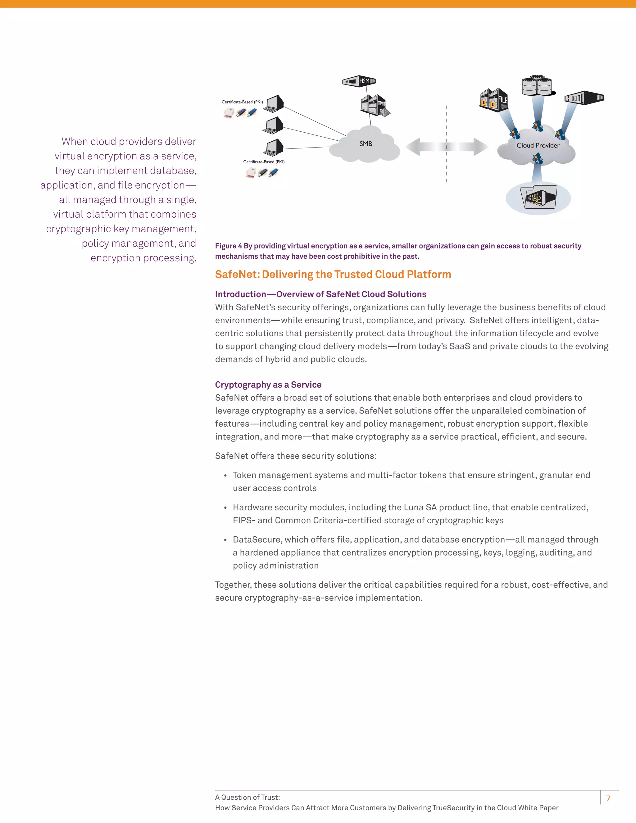 Certificate-Based (PKI)




     When cloud providers deliver                                                SMB                                             Cloud Provider
   virtual encryption as a service,                Certificate-Based (PKI)

   they can implement database,
application, and ﬁle encryption—
    all managed through a single,
  virtual platform that combines
 cryptographic key management,
         policy management, and       Figure 4 By providing virtual encryption as a service, smaller organizations can gain access to robust security
            encryption processing.    mechanisms that may have been cost prohibitive in the past.

                                      SafeNet: Delivering the Trusted Cloud Platform
                                      Introduction—Overview of SafeNet Cloud Solutions
                                      With SafeNet’s security offerings, organizations can fully leverage the business beneﬁts of cloud
                                      environments—while ensuring trust, compliance, and privacy. SafeNet offers intelligent, data-
                                      centric solutions that persistently protect data throughout the information lifecycle and evolve
                                      to support changing cloud delivery models—from today’s SaaS and private clouds to the evolving
                                      demands of hybrid and public clouds.

                                      Cryptography as a Service
                                      SafeNet offers a broad set of solutions that enable both enterprises and cloud providers to
                                      leverage cryptography as a service. SafeNet solutions offer the unparalleled combination of
                                      features—including central key and policy management, robust encryption support, ﬂexible
                                      integration, and more—that make cryptography as a service practical, efﬁcient, and secure.

                                      SafeNet offers these security solutions:

                                        • Token management systems and multi-factor tokens that ensure stringent, granular end
                                          user access controls

                                        • Hardware security modules, including the Luna SA product line, that enable centralized,
                                          FIPS- and Common Criteria-certiﬁed storage of cryptographic keys

                                        • DataSecure, which offers ﬁle, application, and database encryption—all managed through
                                          a hardened appliance that centralizes encryption processing, keys, logging, auditing, and
                                          policy administration

                                      Together, these solutions deliver the critical capabilities required for a robust, cost-effective, and
                                      secure cryptography-as-a-service implementation.




                                      A Question of Trust:                                                                                              7
                                      How Service Providers Can Attract More Customers by Delivering TrueSecurity in the Cloud White Paper
 