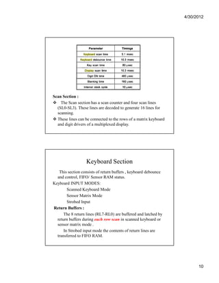 4/30/2012 
10 
Scan Section : 
 The Scan section has a scan counter and four scan lines 
(SL0-SL3). These lines are decoded to generate 16 lines for 
scanning. 
 These lines can be connected to the rows of a matrix keyboard 
and digit drivers of a multiplexed display. 
Keyboard Section 
This section consists of return buffers , keyboard debounce 
and control, FIFO/ Sensor RAM status. 
Keyboard INPUT MODES: 
Scanned Keyboard Mode 
Sensor Matrix Mode 
Strobed Input 
Return Buffers : 
The 8 return lines (RL7-RL0) are buffered and latched by 
return buffers during each row scan in scanned keyboard or 
sensor matrix mode . 
In Strobed input mode the contents of return lines are 
transferred to FIFO RAM. 
 