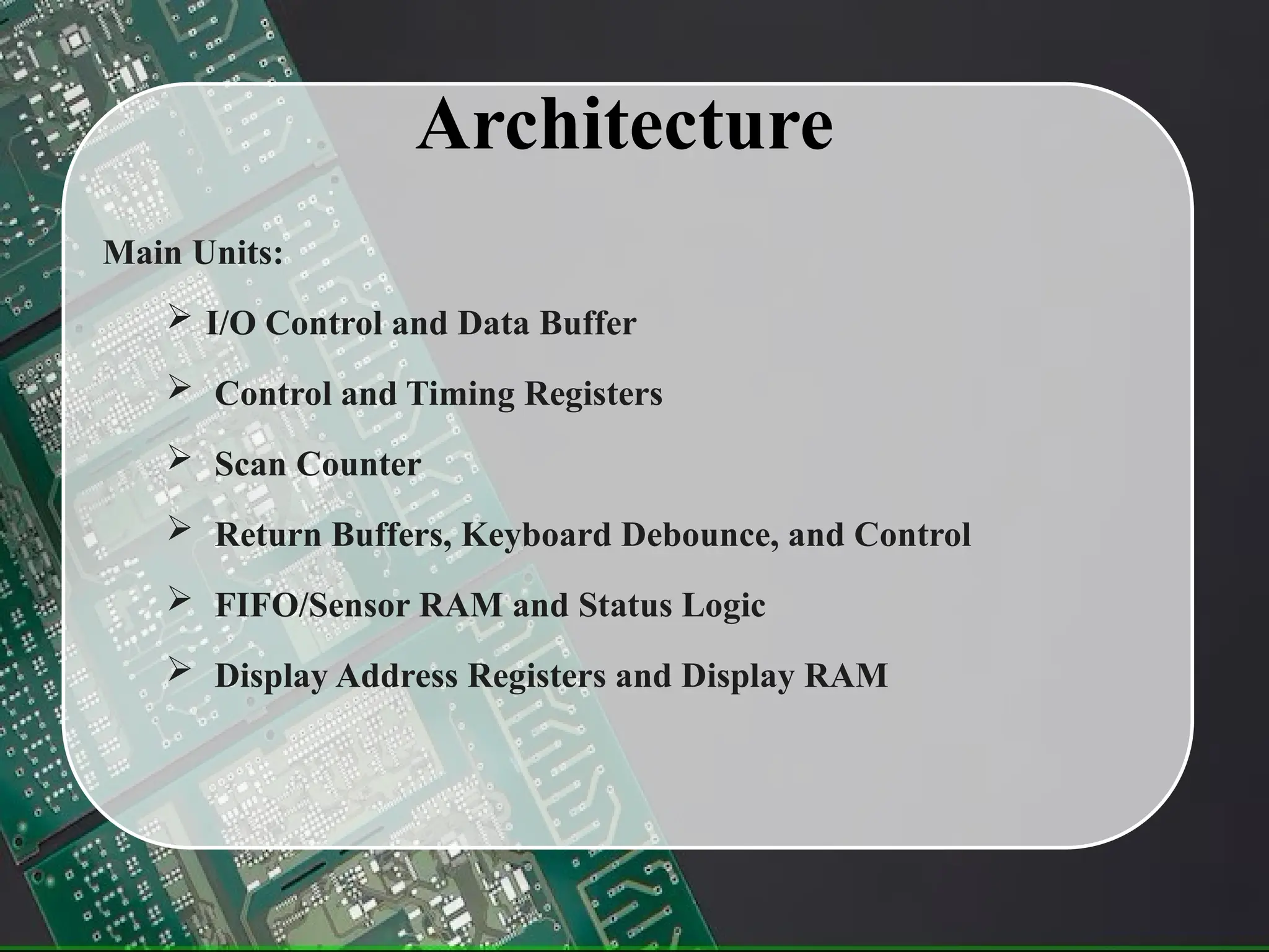 Architecture
Main Units:
 I/O Control and Data Buffer
 Control and Timing Registers
 Scan Counter
 Return Buffers, Keyboard Debounce, and Control
 FIFO/Sensor RAM and Status Logic
 Display Address Registers and Display RAM
 