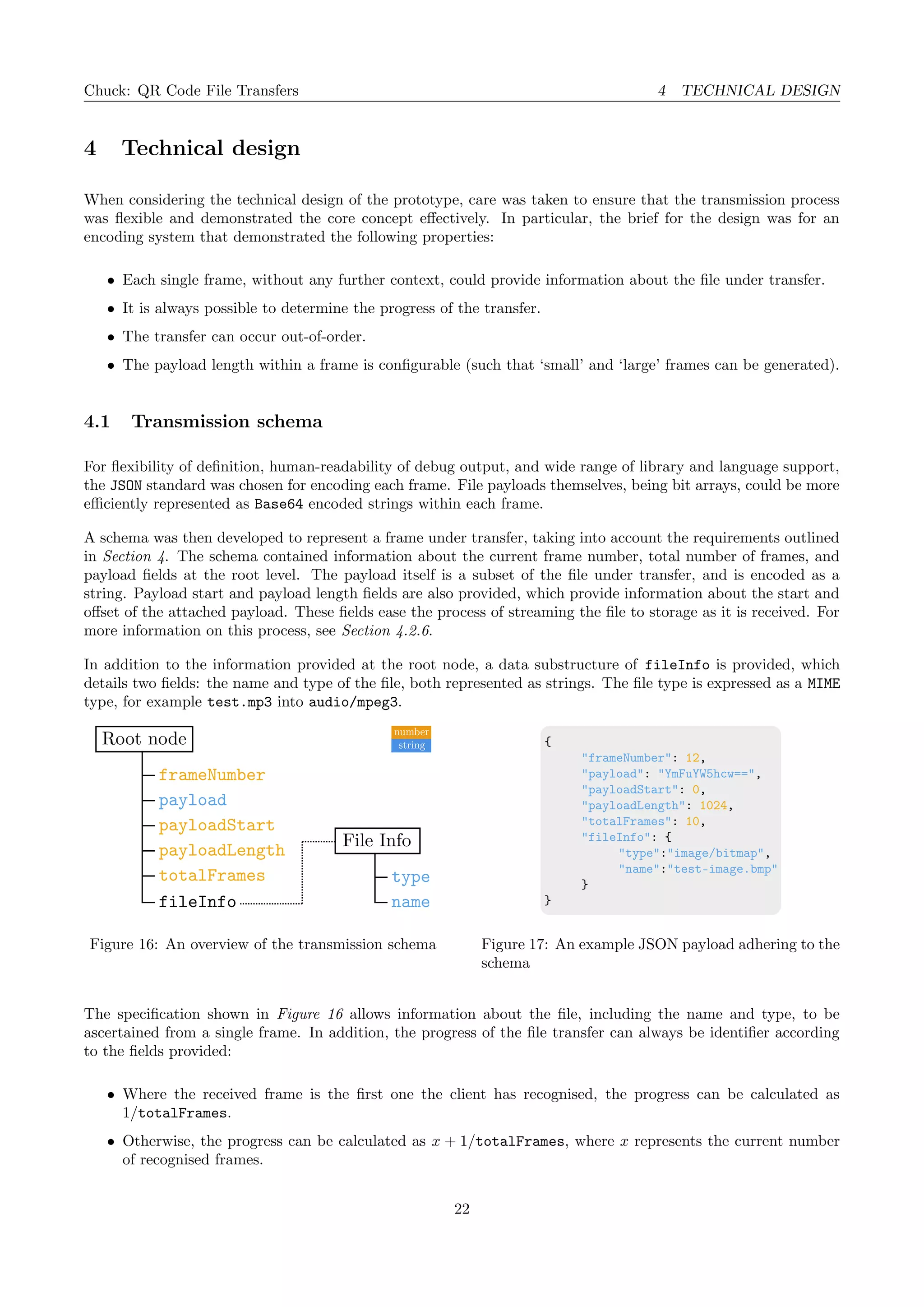 Chuck: QR Code File Transfers 4 TECHNICAL DESIGN
4 Technical design
When considering the technical design of the prototype, care was taken to ensure that the transmission process
was ﬂexible and demonstrated the core concept eﬀectively. In particular, the brief for the design was for an
encoding system that demonstrated the following properties:
• Each single frame, without any further context, could provide information about the ﬁle under transfer.
• It is always possible to determine the progress of the transfer.
• The transfer can occur out-of-order.
• The payload length within a frame is conﬁgurable (such that ‘small’ and ‘large’ frames can be generated).
4.1 Transmission schema
For ﬂexibility of deﬁnition, human-readability of debug output, and wide range of library and language support,
the JSON standard was chosen for encoding each frame. File payloads themselves, being bit arrays, could be more
eﬃciently represented as Base64 encoded strings within each frame.
A schema was then developed to represent a frame under transfer, taking into account the requirements outlined
in Section 4. The schema contained information about the current frame number, total number of frames, and
payload ﬁelds at the root level. The payload itself is a subset of the ﬁle under transfer, and is encoded as a
string. Payload start and payload length ﬁelds are also provided, which provide information about the start and
oﬀset of the attached payload. These ﬁelds ease the process of streaming the ﬁle to storage as it is received. For
more information on this process, see Section 4.2.6.
In addition to the information provided at the root node, a data substructure of fileInfo is provided, which
details two ﬁelds: the name and type of the ﬁle, both represented as strings. The ﬁle type is expressed as a MIME
type, for example test.mp3 into audio/mpeg3.
File Info
type
namefileInfo
payload
payloadStart
payloadLength
totalFrames
number
stringRoot node
frameNumber
Figure 16: An overview of the transmission schema
{
"frameNumber": 12,
"payload": "YmFuYW5hcw==",
"payloadStart": 0,
"payloadLength": 1024,
"totalFrames": 10,
"fileInfo": {
"type":"image/bitmap",
"name":"test-image.bmp"
}
}
Figure 17: An example JSON payload adhering to the
schema
The speciﬁcation shown in Figure 16 allows information about the ﬁle, including the name and type, to be
ascertained from a single frame. In addition, the progress of the ﬁle transfer can always be identiﬁer according
to the ﬁelds provided:
• Where the received frame is the ﬁrst one the client has recognised, the progress can be calculated as
1/totalFrames.
• Otherwise, the progress can be calculated as x + 1/totalFrames, where x represents the current number
of recognised frames.
22
 