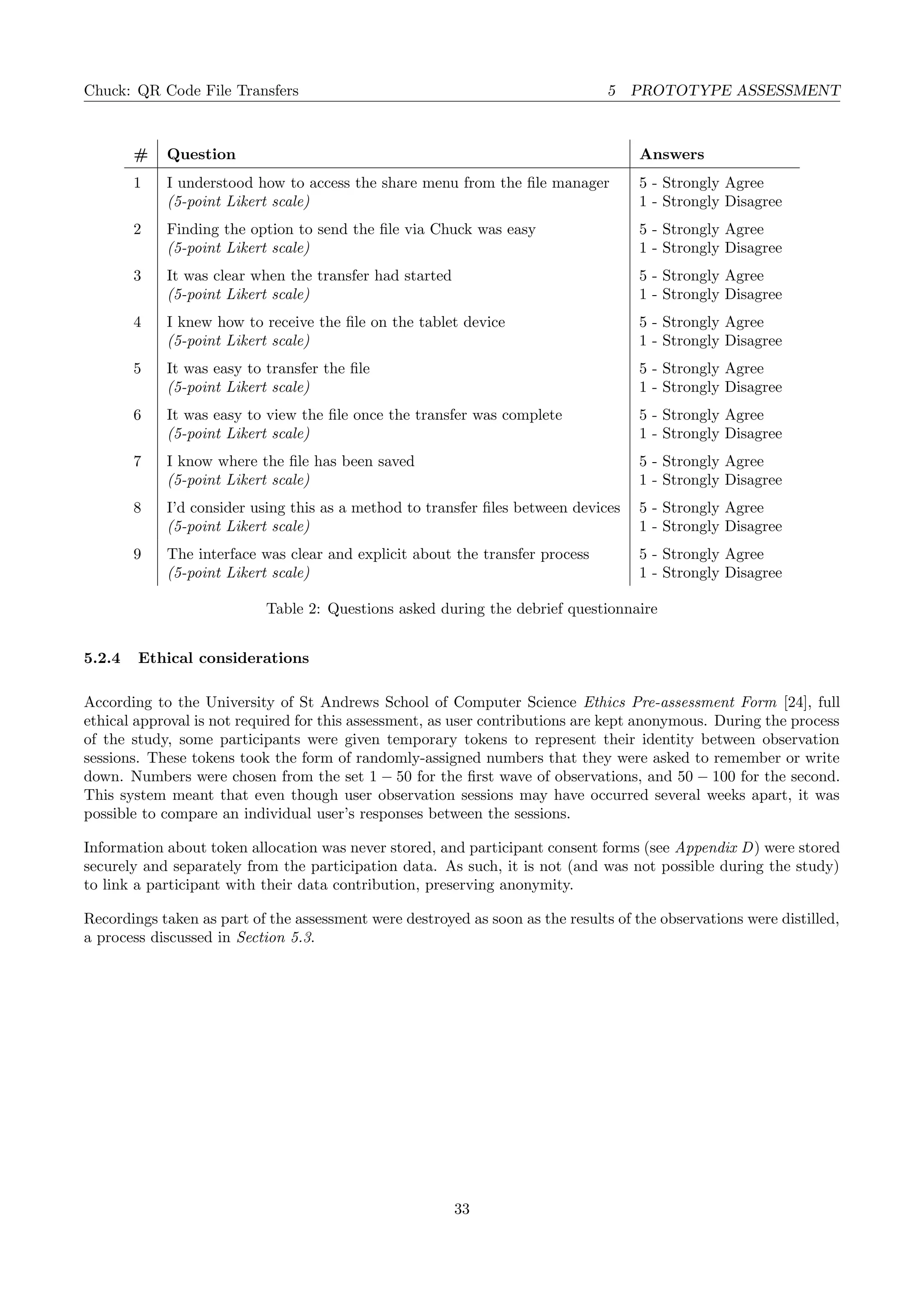 Chuck: QR Code File Transfers 5 PROTOTYPE ASSESSMENT
# Question Answers
1 I understood how to access the share menu from the ﬁle manager
(5-point Likert scale)
5 - Strongly Agree
1 - Strongly Disagree
2 Finding the option to send the ﬁle via Chuck was easy
(5-point Likert scale)
5 - Strongly Agree
1 - Strongly Disagree
3 It was clear when the transfer had started
(5-point Likert scale)
5 - Strongly Agree
1 - Strongly Disagree
4 I knew how to receive the ﬁle on the tablet device
(5-point Likert scale)
5 - Strongly Agree
1 - Strongly Disagree
5 It was easy to transfer the ﬁle
(5-point Likert scale)
5 - Strongly Agree
1 - Strongly Disagree
6 It was easy to view the ﬁle once the transfer was complete
(5-point Likert scale)
5 - Strongly Agree
1 - Strongly Disagree
7 I know where the ﬁle has been saved
(5-point Likert scale)
5 - Strongly Agree
1 - Strongly Disagree
8 I’d consider using this as a method to transfer ﬁles between devices
(5-point Likert scale)
5 - Strongly Agree
1 - Strongly Disagree
9 The interface was clear and explicit about the transfer process
(5-point Likert scale)
5 - Strongly Agree
1 - Strongly Disagree
Table 2: Questions asked during the debrief questionnaire
5.2.4 Ethical considerations
According to the University of St Andrews School of Computer Science Ethics Pre-assessment Form [24], full
ethical approval is not required for this assessment, as user contributions are kept anonymous. During the process
of the study, some participants were given temporary tokens to represent their identity between observation
sessions. These tokens took the form of randomly-assigned numbers that they were asked to remember or write
down. Numbers were chosen from the set 1 − 50 for the ﬁrst wave of observations, and 50 − 100 for the second.
This system meant that even though user observation sessions may have occurred several weeks apart, it was
possible to compare an individual user’s responses between the sessions.
Information about token allocation was never stored, and participant consent forms (see Appendix D) were stored
securely and separately from the participation data. As such, it is not (and was not possible during the study)
to link a participant with their data contribution, preserving anonymity.
Recordings taken as part of the assessment were destroyed as soon as the results of the observations were distilled,
a process discussed in Section 5.3.
33
 