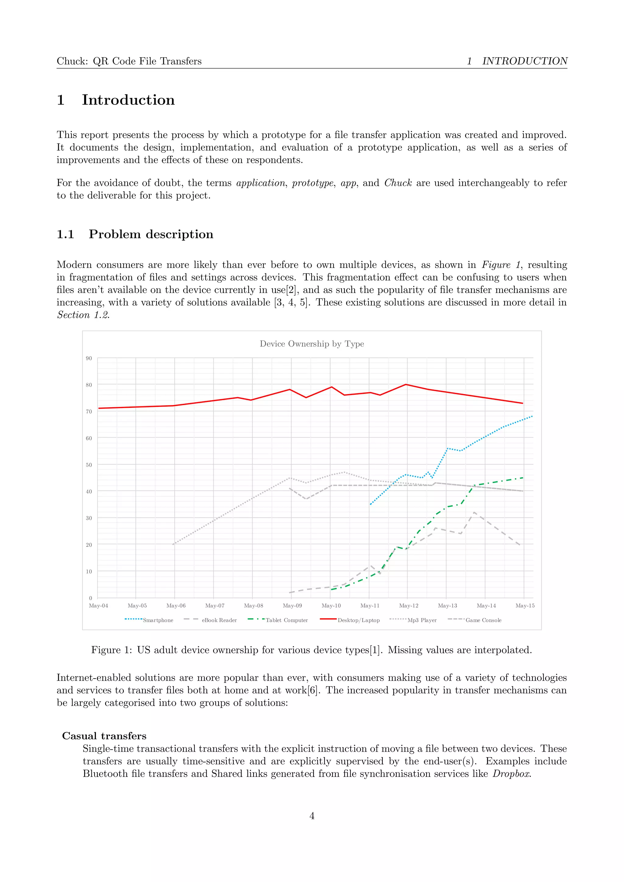 Chuck: QR Code File Transfers 1 INTRODUCTION
1 Introduction
This report presents the process by which a prototype for a ﬁle transfer application was created and improved.
It documents the design, implementation, and evaluation of a prototype application, as well as a series of
improvements and the eﬀects of these on respondents.
For the avoidance of doubt, the terms application, prototype, app, and Chuck are used interchangeably to refer
to the deliverable for this project.
1.1 Problem description
Modern consumers are more likely than ever before to own multiple devices, as shown in Figure 1, resulting
in fragmentation of ﬁles and settings across devices. This fragmentation eﬀect can be confusing to users when
ﬁles aren’t available on the device currently in use[2], and as such the popularity of ﬁle transfer mechanisms are
increasing, with a variety of solutions available [3, 4, 5]. These existing solutions are discussed in more detail in
Section 1.2.
0
10
20
30
40
50
60
70
80
90
May-04 May-05 May-06 May-07 May-08 May-09 May-10 May-11 May-12 May-13 May-14 May-15
Device Ownership by Type
Smartphone eBook Reader Tablet Computer Desktop/Laptop Mp3 Player Game Console
Figure 1: US adult device ownership for various device types[1]. Missing values are interpolated.
Internet-enabled solutions are more popular than ever, with consumers making use of a variety of technologies
and services to transfer ﬁles both at home and at work[6]. The increased popularity in transfer mechanisms can
be largely categorised into two groups of solutions:
Casual transfers
Single-time transactional transfers with the explicit instruction of moving a ﬁle between two devices. These
transfers are usually time-sensitive and are explicitly supervised by the end-user(s). Examples include
Bluetooth ﬁle transfers and Shared links generated from ﬁle synchronisation services like Dropbox.
4
 