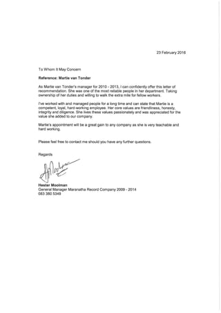 Reference letter from Hester Moolman