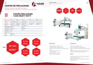 •
•
•
•
•
•
•
•
•
•
•
•
•
•
•
Series		 E8-1212		 E8-1224		 E9-1224		 E9-1530		 E9-2030
X/Y/Z Axe deplasare	 1720*182 0*750 mm	 1 720*3040*750mm	 1850*31 00*950/1 200mm 21 50*3700*950/1 200mm	 2650*3700*950/1 200mm
A/C Axe		 A:+40° /-100° , C:+400° /-40°		 A: ±120° , C: ±262°
Zona de lucru	 1220*1220* 500mm	 1220*2440*500mm	 1200*2400*650/900mm 1500*3000*650/900mm	 2000*3000*650/900mm
Structura masa	 1230*1220mm	 1230*2440mm	 1200*2400mm	 1550*3000mm	 2050*3000mm
Transmisie		 X/ Z surub cu bile,Y cremaliera si pinion	 X/Y/Z cremaliera si pinion
Putereelectromandrina 7.0 KW HSD			 10.0 KW HSD
Vitezaelectromandrina	18000r/min			22000 r/min
Viteza deplasare 	 60 / 60 / 30m/min			 60 / 60 / 20m/min
Vitezadeplasareinlucru 20m/min				 20m/min
Magazie de scule	 Rotativa
Capacitate magazie	 8
Motoare		 Yaskawa
Voltaj		 AC380/3PH/50HZ
Controller 		 OSAI
CENTRE DE PRELUCRARE
E8
E9
CENTRE PRELUCRARE
5 AXE HEAVY-DUTY
Centru 5 axe de utilizare intensiva.
Asigura precizie maxima la viteze de lucru ridicate.
PRET:
86.900 €
88.900 €
117.900 € 125.900 €
110.900 €
E8-1212
E8-1224
E9-1530 E9-2030
E9-1224
* Preturile nu contin TVA
Caracteristici E8: Caracteristici E9:
Aplicatii:
5
aXe 360o
22000
r/min
20
M/min
YASKAWA
• Un centru de prelucrare in 5 axe pentru serii mici.
• Masa de lucru dubla, pentru eficientizarea productiei.
• Permite incarcarea si descarcarea unei mese fara intreruperea ciclului de 	
lucru.
• Ofera precizie maxima si finisare excelenta.
• Componente de renume.
• CNC in 5 axe interpolate si sincronizabile.
• Potrivit pentru prelucrari curbe la 360O
.
• Componente de la producatori de renume.
• CNC in 5 axe sincronizate pentru viteza si finisare optime.
• Real-Time Tool Center Point Rotation (RTCP), potrivit pentru prelucrari curbe
la 360O
.
• Ajustare individuala a vitezei de lucru, vitezei de deplasare si vitezei de
frezare pentru optimizarea productivitatii si finisare optima.
• Procesare 3D: frezare fibra de sticla, rasini si alte non-metale: materiale
compozite sau amestecuri carbon.
• Matrite: matrite turnare, automotive, obiecte sanitare, industria navala,
aeronautica, muzicala etc.
ADLINE INDUSTRIES
CATALOG ECHIPAMENTE INDUSTRIALE
2016
www.adlineindustries.ro sales@adlineindustries.ro
18 19
 