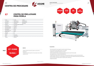 CENTRU DE PROCESARE
E7 CENTRU DE PRELUCRARE
MASA MOBILA
PRET:
78.900 €
E7-1530D
* Preturile nu contin TVA
Aplicatii:
• Mobilier: ideal pentru fronturi de usi, gravuri, usi, tocarie, rame,
balustrade etc.
• Pretabil pentru prelucrari placi, PAL, lemn masiv, plastic, rasini, materiale
compozite, acril etc.
•
•
•
•
•
•
•
•
•
•
•
•
•
•
•
•
E7 series			E7-1530D			E7-3020D
Zona deplasare		1600*3100*250mm		3040*2040*250mm
Zona de lucru		 1550*3050*200mm		 3000*2000*200mm
Masa de lucru		 1530*3050mm		 3050*1980mm
Transmisie			 X/Y cremaliera si pinion. Z surub cu bile
Structura masa		 T-slot vacuum
Putere electromandrina	 9.0/12.0KW
Viteza electromandrina	 24000 r/min
Viteza deplasare		 60m/min
Viteza deplasare in lucru	 20m/min
Magazie de scule		 Rotativa
Nr. de scule			 8*2
Cap forare			N/A
Motoare			ServoYaskawa
Voltaj			AC380/3PH/50HZ
Controller			OSAI/Syntec
Caracteristici:
12.0
KW HSD
24000
r/min
20
M/min
SEVO
YASKAWA
• Doua electromandrine si doua magazii de scule pentru operatiuni sincronizate.
• Centru de prelucrare pentru utilizare intensiva, cu masa mobila.
• Capetele de lucru programabile individual sau sincronizate.
• Procesare individuala simultana sau alternativa pe cele doua capete de lucru pentru executii rapide.
• Doua magazii de scule cu 16 sloturi alimentabile diferentiat.
• Componente pentru utilizare intensiva: masa vacuum si transmisie Germania, motoare servo Japonia, electromandrine Italia.
• Ajustare individuala a vitezei de lucru, vitezei de deplasare si vitezei de frezare, pentru optimizarea productivitatii si finisare optima.
• Functii: rutare, forare, taiere, frezare verticala si orizontala, netezire, sanfrenare etc.
• Agregat gaurire optional.
ADLINE INDUSTRIES
CATALOG ECHIPAMENTE INDUSTRIALE
2016
www.adlineindustries.ro sales@adlineindustries.ro
20 21
 