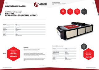 GRAVATOARE LASER
PRET:
14.900 €
* Preturile nu contin TVA
GRAVATOR LASER
HM-1325
NON-METAL (OPTIONAL METAL)
GRAVATOR
LASER
HM-1325
80
W
VITEZA
500
mm/s
GROSIME
TAIERE
20 mm
GROSIME
METAL
1.5 mm
REZOLUTIE
0.025 mm
HM-J1325METAL/NONMETAL:
26.900 €
GRAVATOR
LASER METAL
HM-J1325
Echipament laser specializat in decupare plastic, lemn si MDF.
Sistemul optic este complet protejat impotriva fumului.
Este cel mai economic echipament laser pentru o gama larga de materiale.
Dotat cu sistemul de urmarire al denivelarilor materialului, mentine aceeasi distanta
focala pe toata suprafata si protejeaza impotriva coliziunilor.
Software-ul permite procesarea fisierelor si operarea echipamentului in acelasi timp.
Sistemul de miscare pe axe este pe surub cu bile de mare precizie si cu zgomot
redus.
Caracteristici:
Putere laser
Suprafata de lucru
Viteza de miscare pe axe
Transmisie
Miscare pe axe
Rezolutie
Conexiune PC
Alimentare
Consum
Dimensiuni
80W
1300 x 2500 mm
500 mm/sec.
Curele
Motoare pas cu pas
0.025 mm
USB
220V
3000W
3000 X 1800 X 1000 mm
Putere laser
Suprafata de lucru
Acuratete la repozitionare
Viteza de miscare pe axe
Miscare pe axe
Motoare miscare pe axe
Conexiune PC
Alimentare
Consum
Dimensiuni
150W
1300 X 2500 mm
0.05mm
20m/min
Surub cu bile
Servomotoare
USB
220V
3000W
3000 X 1800 X 1000 mm
ADLINE INDUSTRIES
CATALOG ECHIPAMENTE INDUSTRIALE
2016
www.adlineindustries.ro sales@adlineindustries.ro
30 31
 