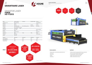 GRAVATOARE LASER
PRET:
65.900 €
* Preturile nu contin TVA
GRAVATOR LASER
FIBER
HS-F2513
GRAVATOR
LASER
HS-2513 300W
• Debitare metale cu mare precizie pentru industria electronica.
• Electrocasnice.
• Unelte si scule.
• Matritare.
• Mecanica fina.
• Pozitionare automata cu reglaj automat al axei Z pentru taiere precisa.
• Racire cu apa si sistem exhaustare si filtrare gaze ardere.
• Computer industrial si unitate de control separata.
• Oglinda si cabina de protectie.Taiere O2 si N2.
• Utilizare si intretinere facila si economica.
Industriiaplicabile: Specificatii:
Model 				HS-G3015A-1000W 		HS-G3015C 		HS-M3015C-500W 	HS-F2513
Suprafata lucru X,Y,Z 			3000×1500x120mm 							1300×2500x40mm
Precizie X,Y				±0.05mm 								±0.1mm
Viteza lucru 			100m/min 						40m/min 		25m/min
Fiber Laser				 Germany Rofin 1000w 		 Rofin 1000w/Raycus 500w 	 Raycus 500w 	 Raycus 300w
Cremaliere				Taiwan: HI-WIN BeltTransmitting
Reductoare 			 Germany Alpha 	 Taiwan
Servo Motor 			Japan: SANYO 							SINO-US Leadshine
Cap laser 				Precitec 								China
Electronica 				Germany Schneider 							Japan Omron
Greutate lucru 			700Kg 			700Kg 			500Kg 		300Kg
Alimentare 				380VTrifazat 							220V Monofazat
Garantie 				 de la 12luni
Fibra Laser 				 1000w Raycus 		 500w Raycus 		 300W Raycus 	 1000 Rofin
Otel Inoxidabil (N2) 			6mm 			3mm 			3mm 		1.5mm
Otel Inoxidabil (O2) 			12mm 			6mm			 6mm 		4mm
Otel Carbon (O2) 			 12mm 			 6mm 			 6mm 		 4mm
1000
W
40
M/MIN.
PRECIZIE
±0.05mm
JAPAN
OMRON
84.900 €
171.900 €
500W - 95.900 €
1000W - 160.900 €
HS-M3015C
500W
HS-G3015A
1000W
HS-G3015C
ADLINE INDUSTRIES
CATALOG ECHIPAMENTE INDUSTRIALE
2016
www.adlineindustries.ro sales@adlineindustries.ro
32 33
 