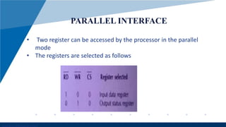 www.company.com 
PARALLEL INTERFACE 
• Two register can be accessed by the processor in the parallel 
mode 
• The registers are selected as follows 
 