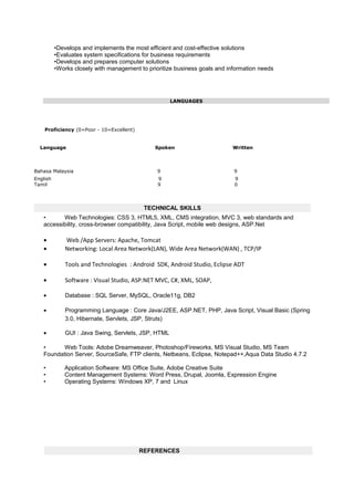 •Develops and implements the most efficient and cost-effective solutions
•Evaluates system specifications for business requirements
•Develops and prepares computer solutions
•Works closely with management to prioritize business goals and information needs
• Web Technologies: CSS 3, HTML5, XML, CMS integration, MVC 3, web standards and
accessibility, cross-browser compatibility, Java Script, mobile web designs, ASP.Net
• Web /App Servers: Apache, Tomcat
• Networking: Local Area Network(LAN), Wide Area Network(WAN) , TCP/IP
• Tools and Technologies : Android SDK, Android Studio, Eclipse ADT
• Software : Visual Studio, ASP.NET MVC, C#, XML, SOAP,
• Database : SQL Server, MySQL, Oracle11g, DB2
• Programming Language : Core Java/J2EE, ASP.NET, PHP, Java Script, Visual Basic (Spring
3.0, Hibernate, Servlets, JSP, Struts)
• GUI : Java Swing, Servlets, JSP, HTML
• Web Tools: Adobe Dreamweaver, Photoshop/Fireworks, MS Visual Studio, MS Team
Foundation Server, SourceSafe, FTP clients, Netbeans, Eclipse, Notepad++,Aqua Data Studio 4.7.2
• Application Software: MS Office Suite, Adobe Creative Suite
• Content Management Systems: Word Press, Drupal, Joomla, Expression Engine
• Operating Systems: Windows XP, 7 and Linux
REFERENCES
Language Spoken Written
Bahasa Malaysia 9 9
English 9 9
Tamil 9 0
TECHNICAL SKILLS
LANGUAGES
Proficiency (0=Poor - 10=Excellent)
 