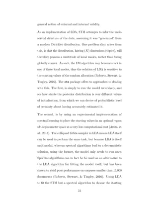 general notion of external and internal validity.
As an implementation of LDA, STM attempts to infer the unob-
served structure of the data, assuming it was “generated” from
a random Dirichlet distribution. One problem that arises from
this, is that the distribution, having (K) dimensions (topics), will
therefore possess a multitude of local modes, rather than being
globally convex. As such, the EM algorithm may become stuck in
one of these local modes, thus the solution of LDA is sensitive to
the starting values of the random allocation (Roberts, Stewart, &
Tingley, 2016). The stm package oﬀers to approaches to dealing
with this. The ﬁrst, is simply to run the model recursively, and
see how stable the posterior distribution is over diﬀerent values
of initialisation, from which we can derive of probabilistic level
of certainty about having accurately estimated it.
The second, is by using an experimental implementation of
spectral learning to place the starting values in an optimal region
of the parameter space at a very low computational cost (Arora, et
al., 2013). The collapsed Gibbs sampler in LDA means LDA itself
can be used to perform the same task, but because LDA is itself
multimodal, whereas spectral algorithms lead to a deterministic
solution, using the former, the model only needs to run once.
Spectral algorithms can in fact be be used as an alternative to
the LDA algorithm for ﬁtting the model itself, but has been
shown to yield poor performance on corpuses smaller than 13,000
documents (Roberts, Stewart, & Tingley, 2016). Using LDA
to ﬁt the STM but a spectral algorithm to choose the starting
31
 