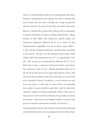 values, is a hybrid solution oﬀered by the stm package that neatly
balanced computational costs against the need to optimise the
lower bound, and was used to identify the a range of potential
optimal values for (K) and to ﬁt the ﬁnal stm models themselves.
However, though these metrics have held-up well in comparison
to human evaluation of subjects (Chang, Boyd-Graber, Wang,
Gerrish, & Blei, 2009), they should not entirely replace the
researcher’s judgement (Roberts M. E., et al., 2014). In this
implementation, searchK() was run on with a range of $(K =
5,.,50), and the resulting models were narrowed down according
to two metrics. The ﬁrst, was the residuals of each model, which
(Taddy, 2012) has demonstrated are (σ2
= 1) approaching “true”
(K). The second, as recommended by (Roberts M. E., et al.,
2014) was to plot a coherence-exclusivity frontier, and choose
the outermost values of (K). Having identiﬁed values of 21,
23, 24, 25 and 26, the top ten most representative stories, and
top seven most probable words from each topic, for each model
were examined by hand. In addition, a score between one and
seven was given to each topic in each model, corresponding
the number of most probable words that could be intuitively
“chained” together as being semantically related. The mean of
these scores for each model was observed, but not taken as strictly
prescriptive - this exercise was designed simply to structure the
process of manual examination mentally, not dictate it.
The stm package contains some downstream functions for plotting
and visualising the data, but as a package in relative infancy these
32
 