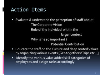Action Items
 Evaluate & understand the perception of staff about :
The CorporateVision
Role of the individual within the
larger context
Why is he so important /
Potential Contribution
 Educate the staff on the Culture and deep routedValues
by organizing various events [Get-togethers/Trips etc…]
 Identify the various value added skill categories of
employees and assign tasks accordingly
4
 