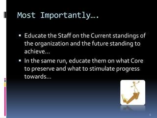 Most Importantly….
 Educate the Staff on the Current standings of
the organization and the future standing to
achieve…
 In the same run, educate them on what Core
to preserve and what to stimulate progress
towards…
5
 