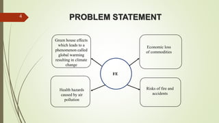PROBLEM STATEMENT
FE
Green house effects
which leads to a
phenomenon called
global warming
resulting in climate
change
Health hazards
caused by air
pollution
Economic loss
of commodities
Risks of fire and
accidents
4
 
