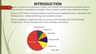 INTRODUCTION
Fugitive emissions are emissions of gases and vapours from pressurised equipment due to
leaks and other unintended or irregular release of gases, mostly from industrial activities.
Sources of FE in the oil and gas industry include process equipment leaks, evaporation and
flashing losses, venting and flaring and accidental releases.
Process equipment components that are sources of FE through leaks include Pumps,
Compressors, Valves, Pressure relief valves and Pipe connections
5
 