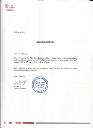 Marriott Experience Certificate