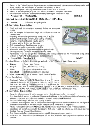 - Report to the Project Manager about the current work progress and make comparison between plan and
actual progress and study impact of alternative approaches to work.
- Participate in project meetings and discussions with the Client as required.
- Assists in preparing work program, cash flow and manpower histogram for tenders.
- Performs other duties and responsibilities as may be assigned from time to time.
 November 2011 – October 2012. El-DOHA
Design & Consulting Bureau(DCB) Doha-Qatar (GRADE A)
- Position : Structure Design Engineer
Job Description / Responsibilities:
- Study and analysis the concept structural design and conceptual
details.
- Run and analysis the structural design and obtain the stresses and
cross sections
- Preparing structural design drawings using AutoCAD 2006
- Supervision of sewage, domestic, fire fighting networks.
- Supervise projects and submit regular reports.
- Preparing reports, designs and drawings.
- Making calculations about loads and stresses.
- Selecting appropriate construction materials.
- Monitoring and inspecting work undertaken by contractors.
- Underground and Elevated Reinforced Concrete Tanks.
- Responsible to do the design draft formworks and shoring material as per requirement using latest
software of AutoCAD and other related drafting software.
 August 2008 – November 2011 EGYPT
Egyptian Ministry of Defense - Engineering Authority of A.F - Major Projects Department
- Position : Supervision Engineer
- Project : El-ARISH Cement Factory.
- Owner : Egyptian Ministry of Defense.
- Consultant : (RHI) Reliance Heavy Industries.
- Main contractor: (TCDRI) Tiangin Cement Industry Design.
Project Description:
- Postion of Project in El-ARISH-North Sinai it have (2) cement
production lines capacity 5250 tons of cement per line per day (a
total of 10,500 tons day/2 line) and the cost of 2 billion and 300
million pounds, with an annual production capacity of 3,200,000 tons, Contract includes 130,000 m3
earthworks, 110,000 m3 Concrete, 12,000 tons Rft. Steel. Contract is on re-measure basis.
Job Description / Responsibilities:
- Supervise all site work (civil works-concrete works – bolts& plates works – silo works)
- Provide technical support to the Project Manager and guidance to site staff in submission of materials for
approval, request for inspection, shop drawings, As-built drawings, O&M manual.
- Supervision of sewage, domestic, fire fighting networks.
- Coordinate with the project staff to compile and maintain pertinent records of inspection and testing until
end of the contract and all pertinent records for retention on completion of the project.
- Attend Monthly Project Review Meetings (PRM) and alert the project team of any potential problems.
- Coordinate all inspections; monitor the required tests and record inspections and tests made pas the
Contract Plan and Contract Specifications.
- Provide support to Foremen to ensure contract specifications requirements are met.
- Liaise with the concerned Foremen to ensure that all labor, materials and equipment are available when
required.
 