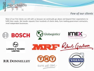 Few of our clients
Most of our first clients are still with us because we continually go above and beyond their expectations to
fulfill their needs. We handle requests from hundreds of clients daily, from leading government contractors,
small independent businesses.
 