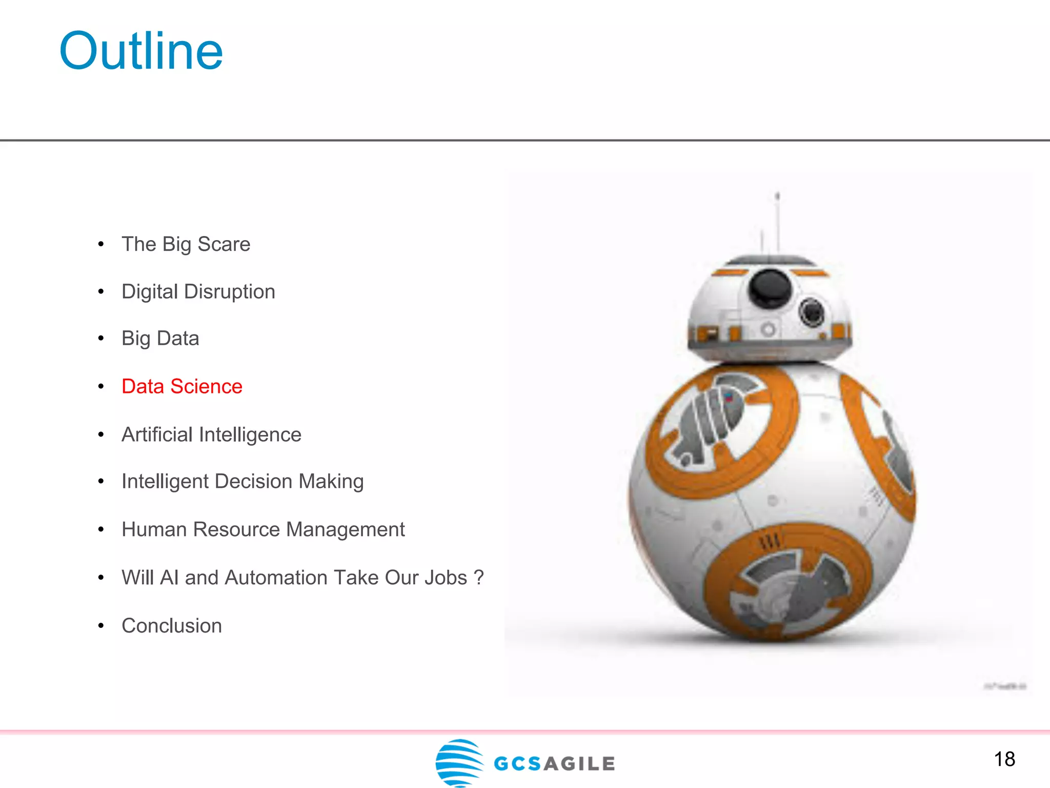 Outline
18
•  The Big Scare
•  Digital Disruption
•  Big Data
•  Data Science
•  Artificial Intelligence
•  Intelligent Decision Making
•  Human Resource Management
•  Will AI and Automation Take Our Jobs ?
•  Conclusion
 