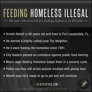 FEEDING HOMELESS ILLEGAL 
9 0 - y e a r - o l d a r r e s t e d f o r f e e d i n g h o m e l e s s i n F l o r i da 
• Arnold Abbott is 90 years old and lives in Fort Lauderdale, FL. 
• He started a charity called Love Thy Neighbor. 
• He’s been feeding the homeless since 1991. 
• City leaders passed an ordinance against public food sharing. 
• Mayor says feeding homeless keeps them in a poverty cycle. 
• Police say they will arrest anyone involved with giving food. 
• Abbott says he’s ready to go to jail and will continue. 
N E WS F E AT H E R . C O M 
[ U N B I A S E D N E W S I N 1 0 L I N E S O R L E S S ] 
