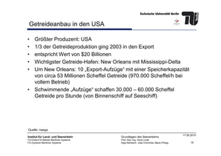 Getreideanbau in den USA
• Größter Produzent: USA
• 1/3 der Getreideproduktion ging 2003 in den Export
• entspricht Wert von $20 Billionen
• Wichtigster Getreide-Hafen: New Orleans mit Mississippi-Delta
• Um New Orleans: 10 „Export-Aufzüge“ mit einer Speicherkapazität
von circa 53 Millionen Scheffel Getreide (970.000 Scheffel/h bei
16
Institut für Land- und Seeverkehr
FG Entwurf & Betrieb Maritimer Systeme
FG Dynamik Maritimer Systeme
Grundlagen des Seeverkehrs
Prof. Dipl.-Ing. Horst Linde
Kaja Nentwich, José Chinchilla, Maria Philipp
17.05.2010
von circa 53 Millionen Scheffel Getreide (970.000 Scheffel/h bei
vollem Betrieb)
• Schwimmende „Aufzüge“ schaffen 30.000 – 60.000 Scheffel
Getreide pro Stunde (von Binnenschiff auf Seeschiff)
Quelle: naega
 