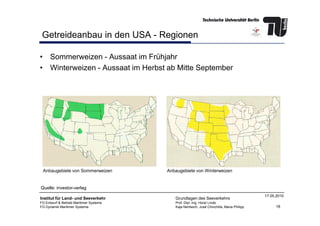 Getreideanbau in den USA - Regionen
• Sommerweizen - Aussaat im Frühjahr
• Winterweizen - Aussaat im Herbst ab Mitte September
18
Institut für Land- und Seeverkehr
FG Entwurf & Betrieb Maritimer Systeme
FG Dynamik Maritimer Systeme
Grundlagen des Seeverkehrs
Prof. Dipl.-Ing. Horst Linde
Kaja Nentwich, José Chinchilla, Maria Philipp
17.05.2010
Quelle: investor-verlag
Anbaugebiete von Sommerweizen Anbaugebiete von Winterweizen
 