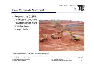 Bauxit/ Tonerde Steckbrief II
• Reserven: ca. 22 Mill. t
• Reichweite: 200 Jahre
• Hauptabnehmer: Nord-
amerika, Japan,
europ. Länder
27
Institut für Land- und Seeverkehr
FG Entwurf & Betrieb Maritimer Systeme
FG Dynamik Maritimer Systeme
Grundlagen des Seeverkehrs
Prof. Dipl.-Ing. Horst Linde
Kaja Nentwich, José Chinchilla, Maria Philipp
17.05.2010
Quelle: Brockhaus 1987, GDA 2006 & 2010, Uni Freiburg 2010
 