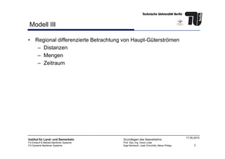 Modell III
• Regional differenzierte Betrachtung von Haupt-Güterströmen
– Distanzen
– Mengen
– Zeitraum
3
Institut für Land- und Seeverkehr
FG Entwurf & Betrieb Maritimer Systeme
FG Dynamik Maritimer Systeme
Grundlagen des Seeverkehrs
Prof. Dipl.-Ing. Horst Linde
Kaja Nentwich, José Chinchilla, Maria Philipp
17.05.2010
 