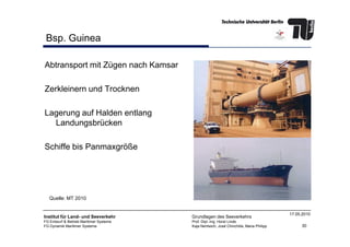 Bsp. Guinea
Abtransport mit Zügen nach Kamsar
Zerkleinern und Trocknen
Lagerung auf Halden entlang
Landungsbrücken
30
Institut für Land- und Seeverkehr
FG Entwurf & Betrieb Maritimer Systeme
FG Dynamik Maritimer Systeme
Grundlagen des Seeverkehrs
Prof. Dipl.-Ing. Horst Linde
Kaja Nentwich, José Chinchilla, Maria Philipp
17.05.2010
Landungsbrücken
Schiffe bis Panmaxgröße
Quelle: MT 2010
 